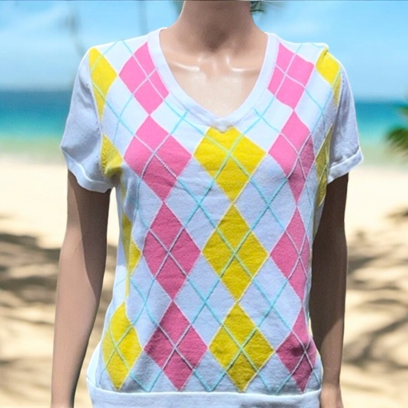 Liz Claiborne Argyle Short Sleeve Pullover V-Neck Sweater - Picture 6 of 16